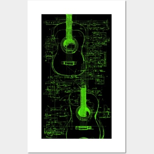 Neon Green Acoustic Guitar Da Vinci blueprint Posters and Art